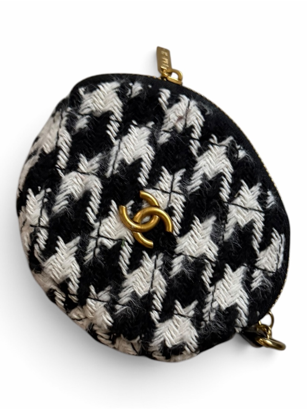 Vintage CHANEL Black & White Houndstooth Quilted Coin Pouch with Gold CC